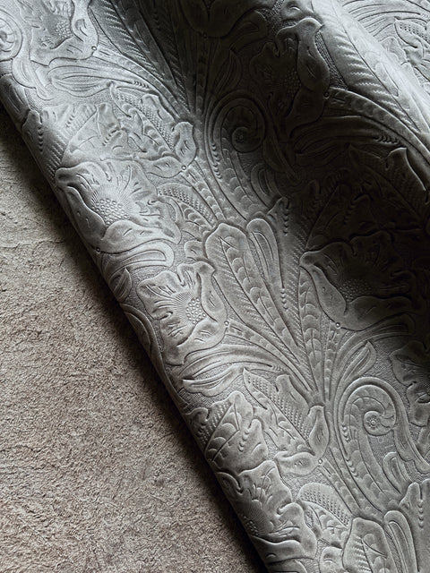 Ash Grey Large Floral Embossed Cowhide