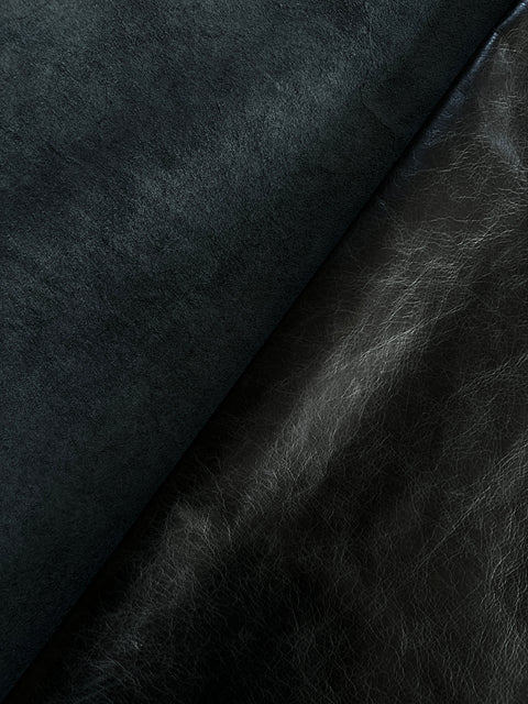 Black Pull Up Cowhide – Semi Veg-Tanned, Top Grain, Wax/Oil Finish, 1.1–1.3 mm (3 oz), ~20 Sq Ft