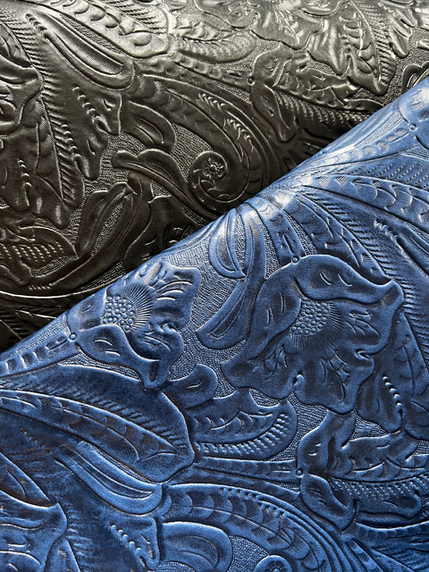 Royal Blue Large Floral Embossed Cowhide