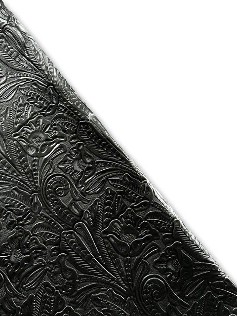Black Large Floral Embossed Cowhide