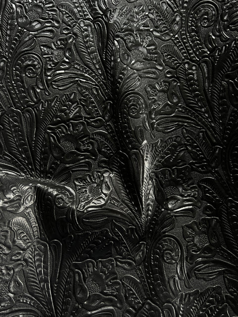 Black Large Floral Embossed Cowhide