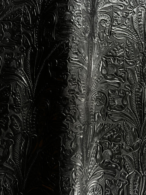 Black Large Floral Embossed Cowhide