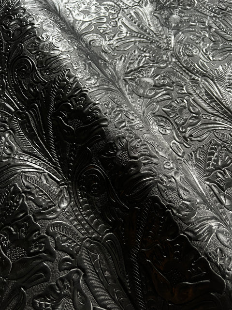 Black Large Floral Embossed Cowhide