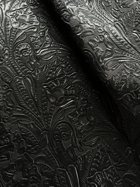 Black Large Floral Embossed Cowhide