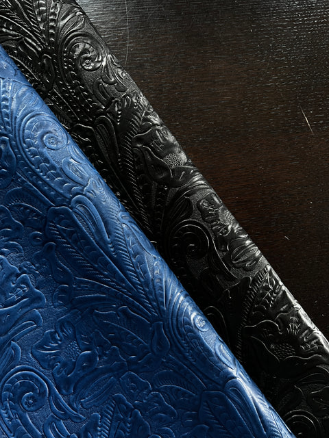 Black Large Floral Embossed Cowhide