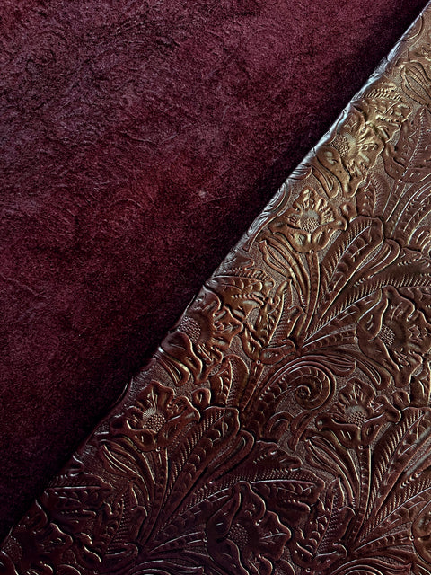 Burgundy Large Floral Embossed Cowhide