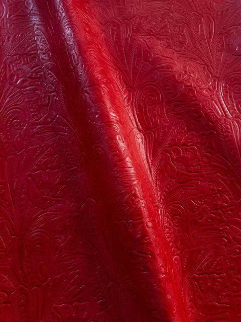Red Large Floral Embossed Cowhide