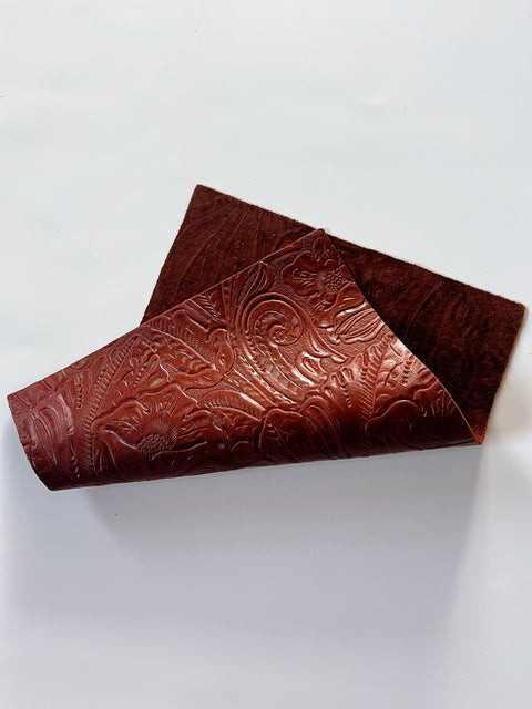 Brandy Large Floral Embossed Cowhide Leather: 8.5" x 11" Pre-Cut Pieces