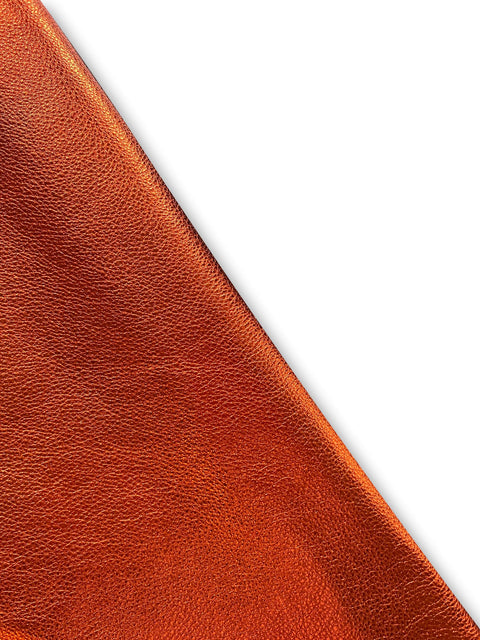 Orange Metallic Natural Grain Chrome-Tanned Cowhide – Metallic Foil Finish, 1.1–1.3 mm (3 oz), ~20 Sq Ft