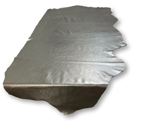 Gunmetal Metallic Natural Grain Chrome-Tanned Cowhide – Metallic Foil Finish, 1.1–1.3 mm (3 oz), ~20 Sq Ft