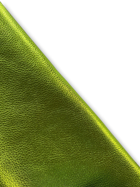 Lime Metallic Natural Grain Chrome-Tanned Cowhide – Metallic Foil Finish, 1.1–1.3 mm (3 oz), ~20 Sq Ft