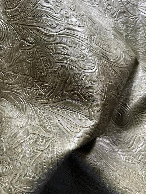 Olive Green Large Floral Embossed Cowhide