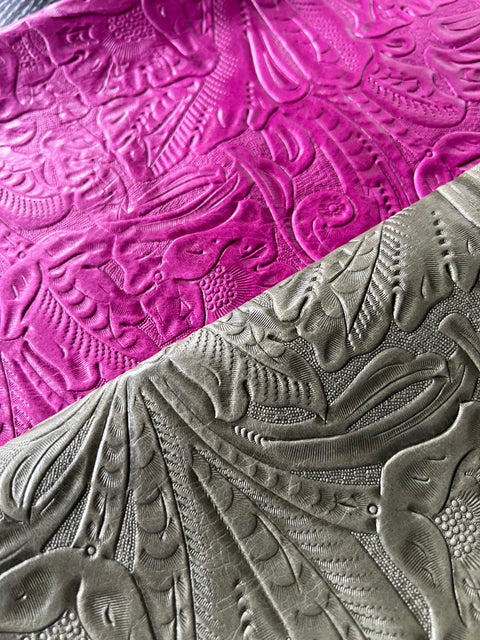 Olive Green Large Floral Embossed Cowhide