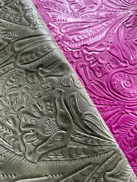 Olive Green Large Floral Embossed Cowhide