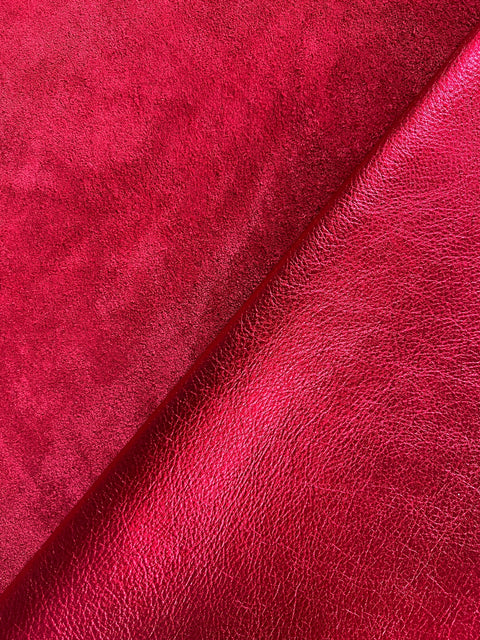 Red Metallic Natural Grain Chrome-Tanned Cowhide – Metallic Foil Finish, 1.1–1.3 mm (3 oz), ~20 Sq Ft