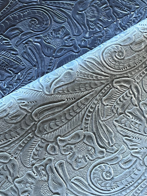 Sky Blue Large Floral Embossed Cowhide