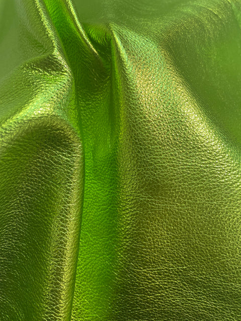Lime Metallic Natural Grain Chrome-Tanned Cowhide – Metallic Foil Finish, 1.1–1.3 mm (3 oz), ~20 Sq Ft