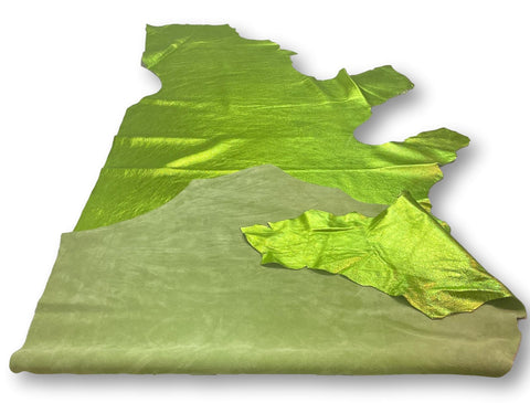 Lime Metallic Natural Grain Chrome-Tanned Cowhide – Metallic Foil Finish, 1.1–1.3 mm (3 oz), ~20 Sq Ft