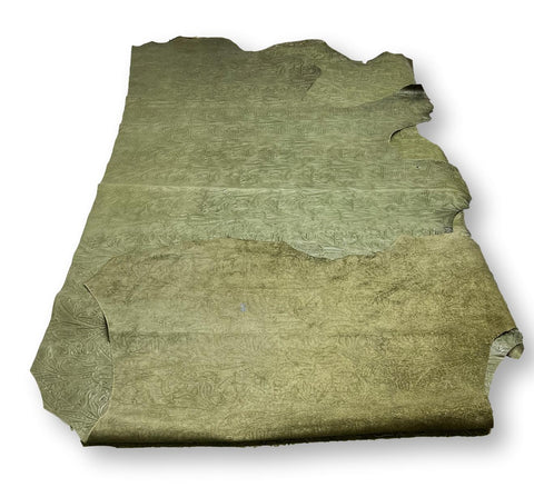 Olive Green Large Floral Embossed Cowhide
