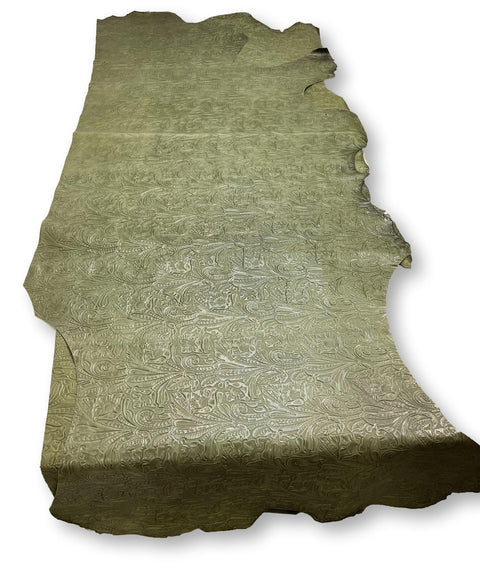 Olive Green Large Floral Embossed Cowhide