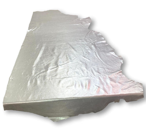 Silver Metallic Natural Grain Chrome-Tanned Cowhide – Metallic Foil Finish, 1.1–1.3 mm (3 oz), ~20 Sq Ft