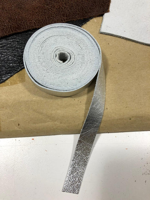 Silver Metallic Leather for Piping: Soft Metallic Cowhide 3 yard Strips