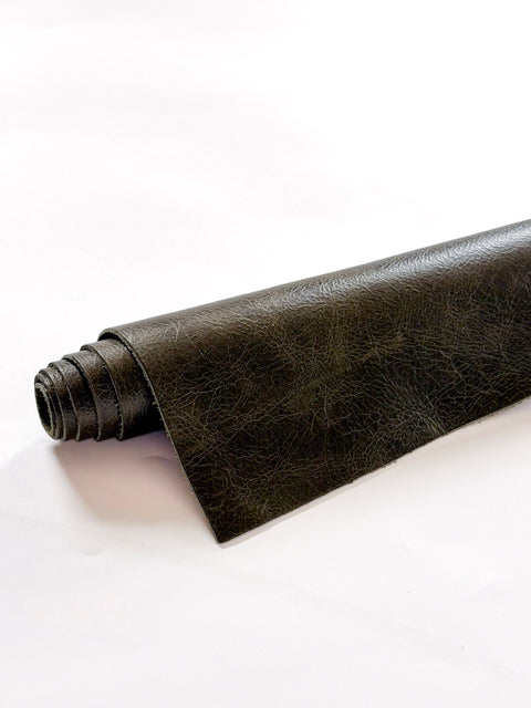 Olive Distressed Cowhide – Chrome-Tanned, Waxed Protective Finish, Top Grain, 1.0–1.2 mm (~3 oz), Pre-Cut Leather Sheets (12" × 24")