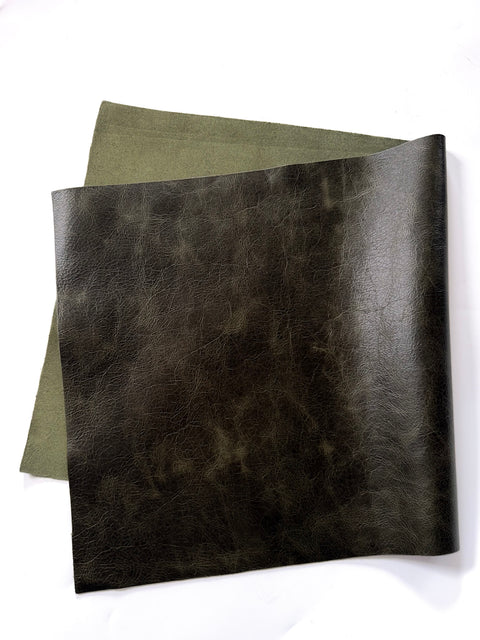 Olive Distressed Cowhide – Chrome-Tanned, Waxed Protective Finish, Top Grain, 1.0–1.2 mm (~3 oz), Pre-Cut Leather Sheets (12" × 24")