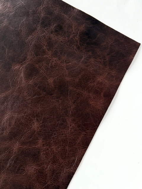 Chocolate Distressed Cowhide – Chrome-Tanned, Waxed Protective Finish, Top Grain, 1.0–1.2 mm (~3 oz), Pre-Cut Leather Sheets (12" × 24")