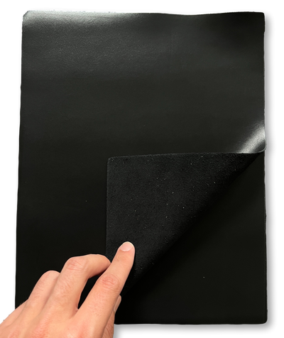 Close-up of Black Smooth Cowhide Sheets, 8.5 × 11 in showing grain, texture, and finish