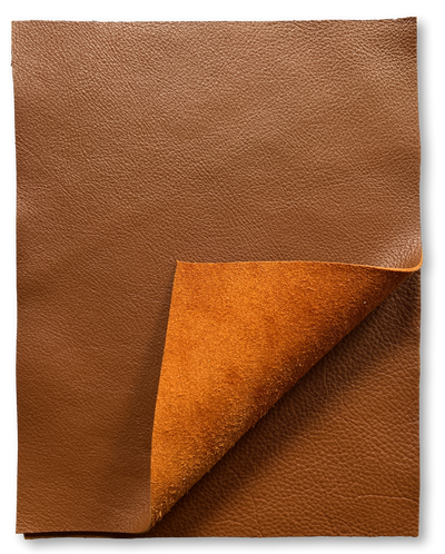 Close-up of Cognac Brown Cowhide Leather Sheets, 8.5 × 11 in showing grain, texture, and finish