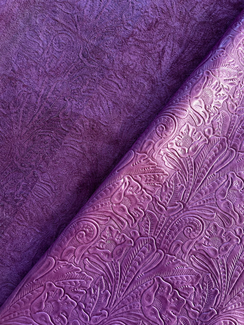 Plum Large Floral Embossed Cowhide