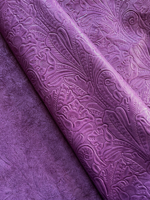 Plum Large Floral Embossed Cowhide