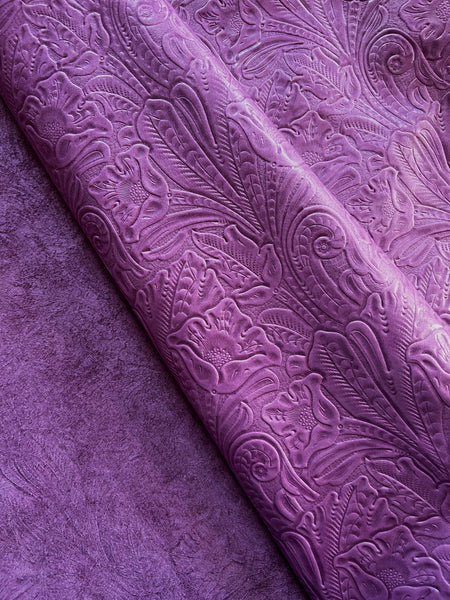 Plum Large Floral Embossed Cowhide