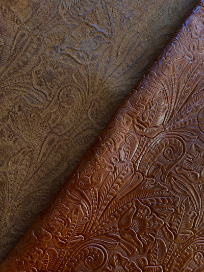 Whiskey Brown Floral Embossed Cowhide alternate view showing color and surface finish