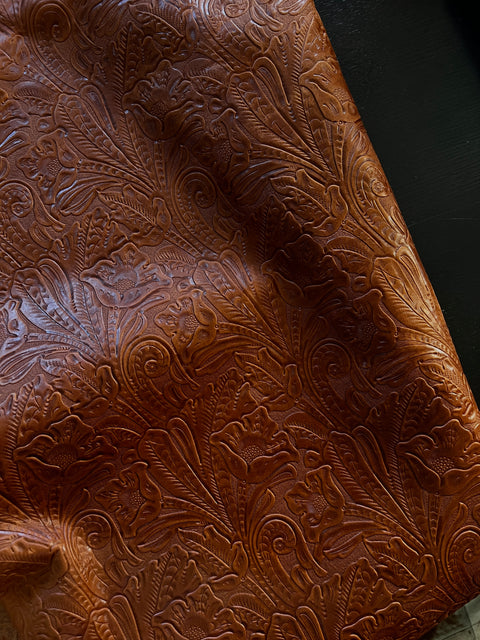 Whiskey Brown Large Floral Embossed Cowhide