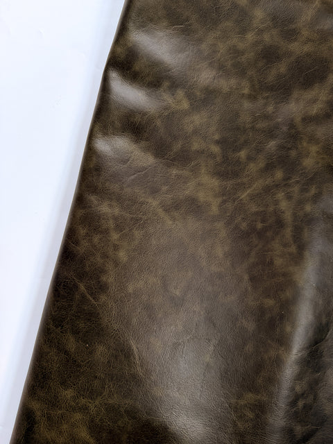 Olive Distressed Cowhide – Chrome-Tanned Automotive and Furniture Upholstery Leather, Waxed Protective Finish, Top Grain, 1.0–1.2 mm (~3 oz), ~50 Sq Ft Whole Hide