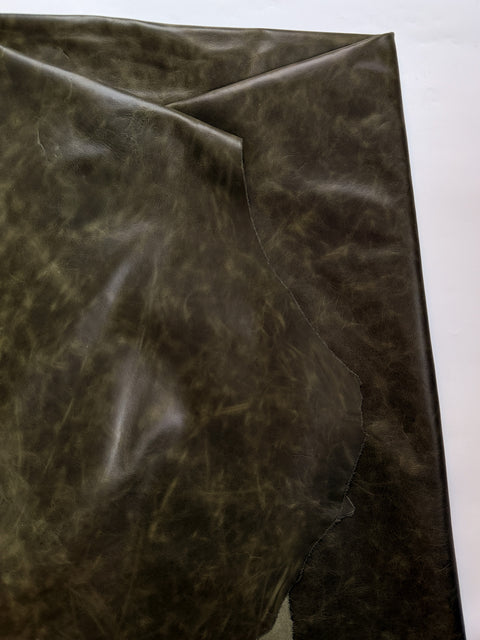 Olive Distressed Cowhide – Chrome-Tanned Automotive and Furniture Upholstery Leather, Waxed Protective Finish, Top Grain, 1.0–1.2 mm (~3 oz), ~50 Sq Ft Whole Hide