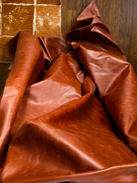Bourbon Distressed Cowhide – Chrome-Tanned Automotive and Furniture Upholstery Leather, Waxed Protective Finish, Top Grain, 1.0–1.2 mm (~3 oz), ~50 Sq Ft Whole Hide
