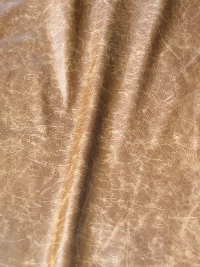 Tan Distressed Upholstery Cowhide shown to display leather shape and cutting area