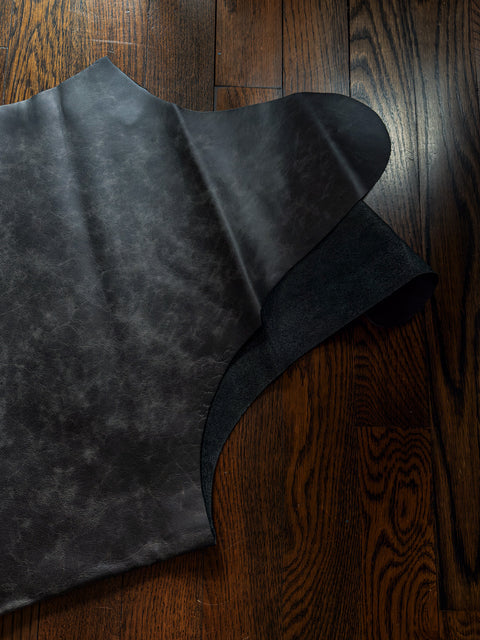 Black Antique Distressed Cowhide – Chrome-Tanned Automotive and Furniture Upholstery Leather, Waxed Protective Finish, Top Grain, 1.2–1.4 mm (~3/4 oz), ~50 Sq Ft Whole Hide
