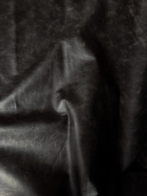Black Antique Distressed Cowhide – Chrome-Tanned Automotive and Furniture Upholstery Leather, Waxed Protective Finish, Top Grain, 1.2–1.4 mm (~3/4 oz), ~50 Sq Ft Whole Hide