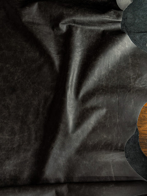 Black Antique Distressed Cowhide – Chrome-Tanned Automotive and Furniture Upholstery Leather, Waxed Protective Finish, Top Grain, 1.2–1.4 mm (~3/4 oz), ~50 Sq Ft Whole Hide
