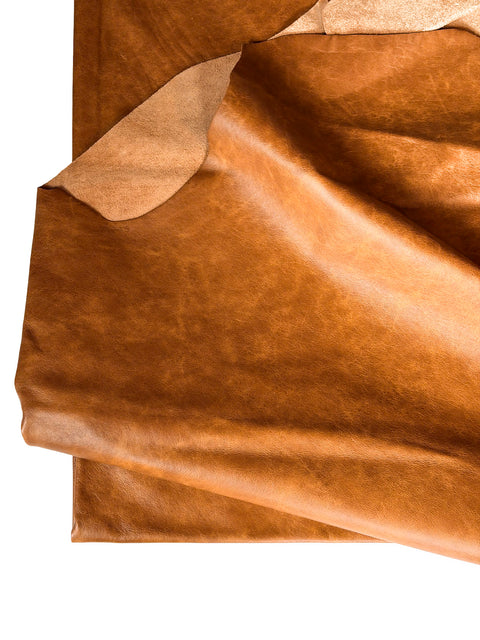 Caramel Antique Distressed Cowhide – Chrome-Tanned Automotive and Furniture Upholstery Leather, Waxed Protective Finish, Top Grain, 1.2–1.4 mm (~3/4 oz), ~50 Sq Ft Whole Hide