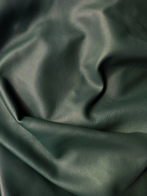 Pine Green Premium Upholstery Cowhide – Chrome-Tanned Automotive and Furniture Leather, Full Aniline Finish, Naturally Pebbled Top Grain, 1.3–1.5 mm (~4 oz), ~50 Sq Ft Whole Hide