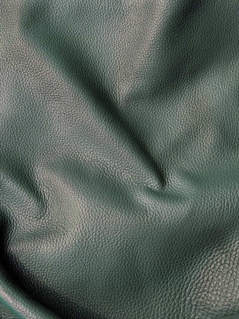Pine Green Premium Upholstery Cowhide – Chrome-Tanned Automotive and Furniture Leather, Full Aniline Finish, Naturally Pebbled Top Grain, 1.3–1.5 mm (~4 oz), ~50 Sq Ft Whole Hide