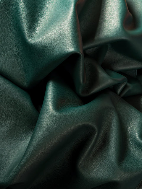 Pine Green Premium Upholstery Cowhide – Chrome-Tanned Automotive and Furniture Leather, Full Aniline Finish, Naturally Pebbled Top Grain, 1.3–1.5 mm (~4 oz), ~50 Sq Ft Whole Hide