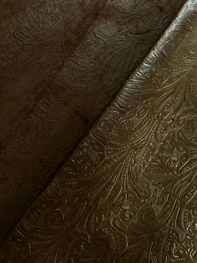 Chocolate Brown Floral Embossed Cowhide alternate view showing color and surface finish