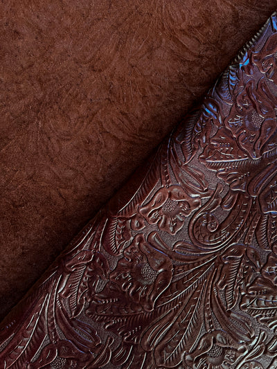 Brandy Floral Embossed Cowhide alternate view showing color and surface finish