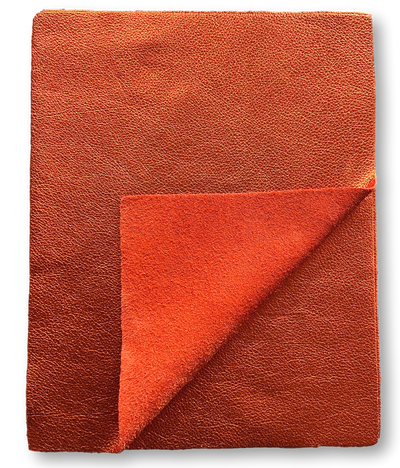 Orange Metallic Cowhide Sheets, 8.5 × 11 in pre-cut sheet showing color, grain, and finish
